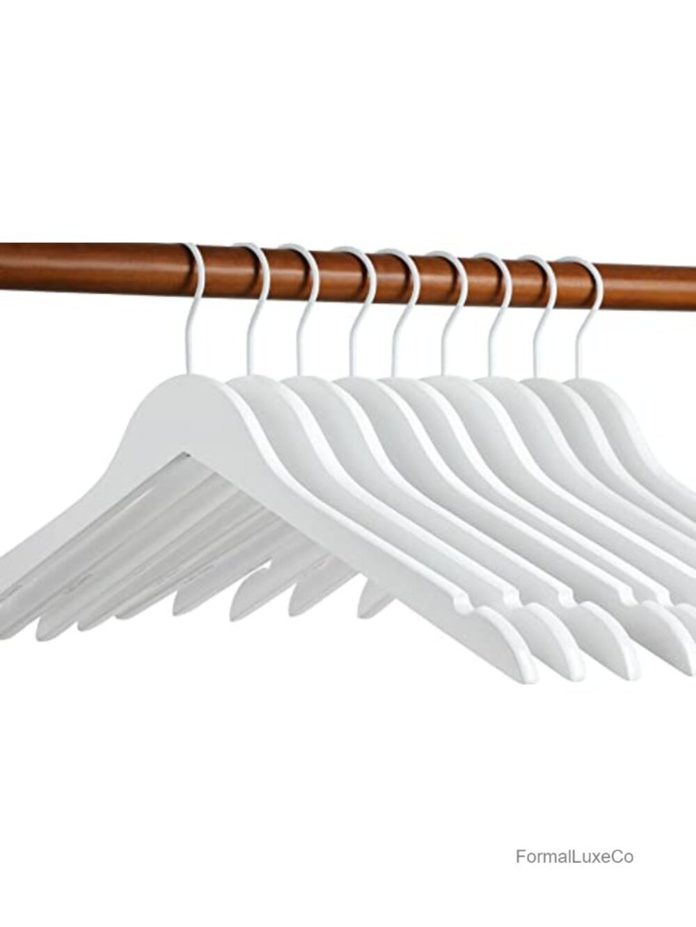 Set of 10 White Wooden Hangers with 360° Swivel Hooks, Shoulder Style, Smooth